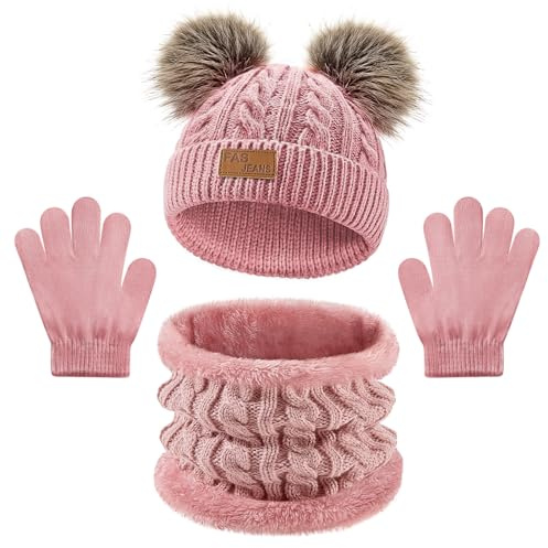 Warmiehomy Kids Hat Scarf and Gloves Set 3 in 1,Girls 3Pcs Winter Beanie Pompom Hat Fleece Lining Scarf Knitted Gloves Winter Accessories Sets for Aged 2-8 Children Outdoor Activities (Pink)