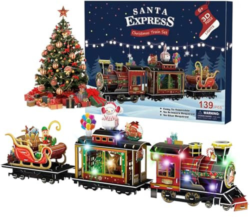 Kit de rompecabezas 3D Sadodo, tren de vapor navideño con luz LED multicolor, trineo de Papá Noel de 20.6 pulgadas, regalos de cumpleaños para niños