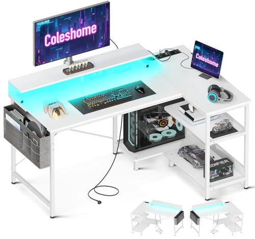 Coleshome Gaming Tisch L Form mit LED&Steckdosen, 120x80cm Eckschreibtisch Weiß mit Regal Reversibler Schreibtisch L Form mit Monitorständer Ecktisch für Büro Arbeitszimmer