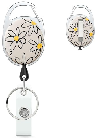 Uniclife Floral Retractable Badge Reel for Badge Holder White Flower Heavy Duty Retractable Keychain Strong ABS Casing with Stainless Steel Spring Coil 61 cm Nylon Rope Carabiner Clip and Key Ring
