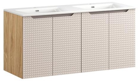 Lomadox Badezimmer Doppelwaschtisch 120 cm breit, Eiche mit beige, grifflose 3D-Front, 4 Türen