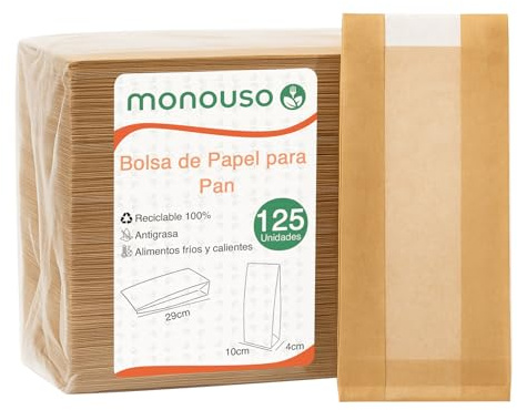 Monouso | 100 Bolsa de Papel Kraft con Ventana 10 + 4 × 29 cm | Ideal para Pan y Bocadillos | 100 Unidades