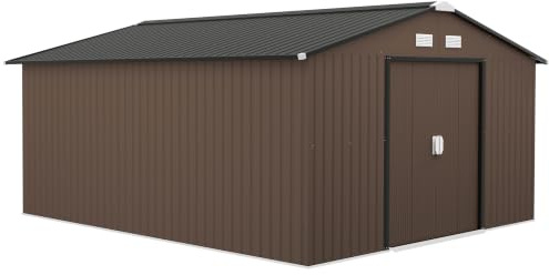 Outsunny Gerätehaus 12,4 m² mit Pultdach 386 x 340 x 200 cm Braun | Schiebetür , Wetterfest, Geräteschuppen, Gartenhütte Gartenhaus, Outdoor Garten Schuppen, für Hinterhof Außenbereich