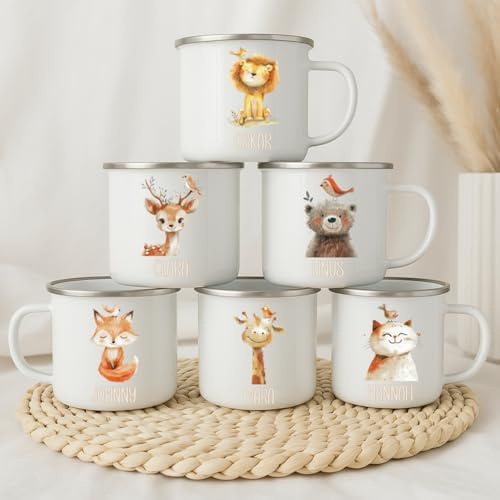 wolga-kreativ Emaille Tasse Wildtiere personalisiert mit Namen - Robuste Kinder Tassen, BPA-frei, Spülmaschinenfest Kinder Becher - Personalisierte Geschenke Baby Zur Taufe, Geburt, Weihnachten