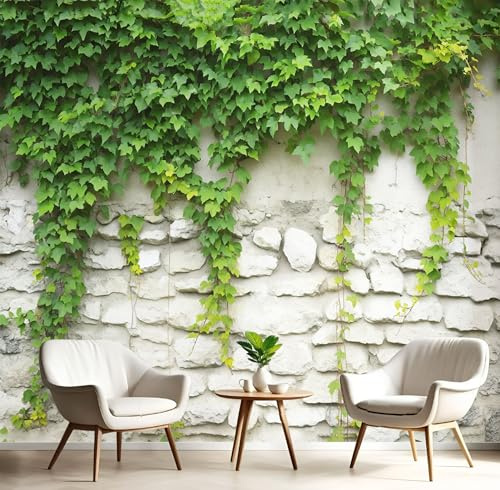 Papier Peint Panoramique ‎150x105cm (L×H), 3D Mur De Pierre Lierre Photo Murales Tissu de Soie Peinture Interieur Plantes De Jardin Geant Tableaux, Chambre Salon Décoration Muraux, Blanc Vert