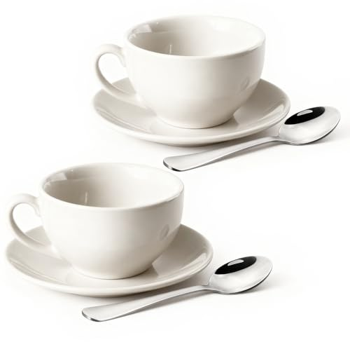 ionEgg Porcelain Coffee Cup with Saucer 220ml/7.3oz for Cappuccino, Latte, and Tea, White, Set of 2