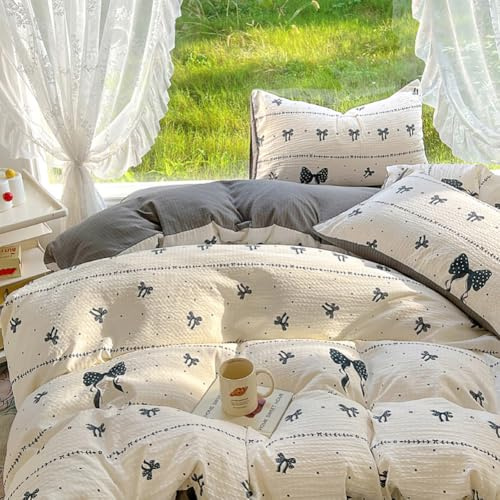 AShanlan Bettwäsche 135x200 Weiß Grau Bettbezug 2teilig Schleifen Herzen Muster Bettwäsche-Sets 135 x 200 mit Kissenbezug 80x80 cm ÖKO-TEX Wendebettwäsche für Einzelbett mit Reißverschluss