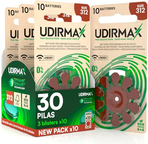 30 Pilas para Audífonos Tamaño 312 Udirmax Baterías PR41 Marrón Zinc-Air Eco Pack - 3 Eco Packs de 10 Pilas