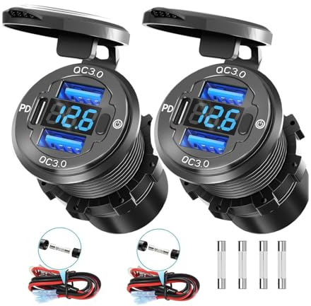 2PCS 78W 3Ports 12V USB Outlet with Voltmeter & Switch - PD3.0 & Dual QC3.0 Quick Charge Car Charger Socket, Aluminum Waterproof USB C Port for Boat Marine Motorcycle RV Truck ATV Golf Cart