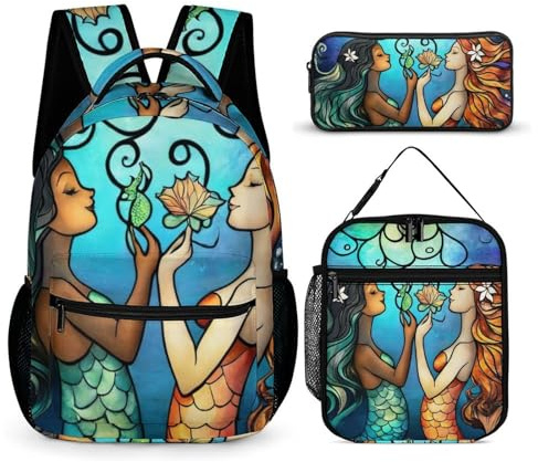 peiyeety Conjunto de mochila con diseño de sirena del océano, lonchera y neceser. Mochila con lonchera y neceser.