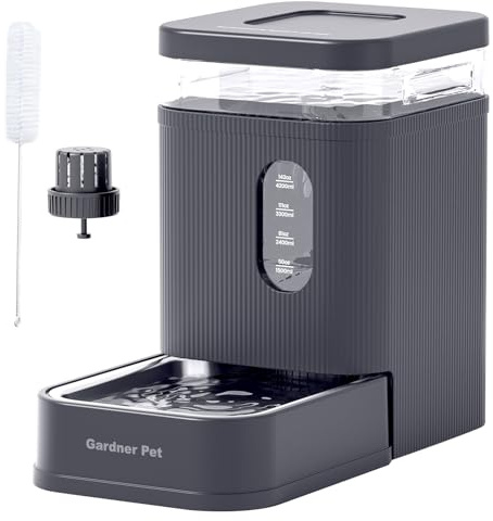 Gardner Pet 6.5L Distributeur Eau Chat Automatique, Gamelle Chat Automatique par Gravité, Distributeur Eau Chien avec Gamelle en Acier Inoxydable, Pas d'électricité, sans BPA - Gris