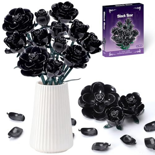 Black Roses Flower Building Set, 12 Artificial Bouquet Kit gothic decor for Home & Office Romantic Gift for Women and Girls（6+） Valentine's Day, Birthday, Anniversary, Mother's Day, Christmas（512PCS）