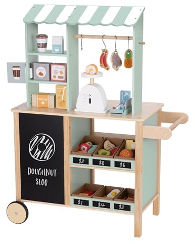 JOYRO Large Wooden Grocery Store Playset – Reversible Market Stall with Chalkboard & Oven, Includes Scale, Cash Register, Rolling Wheels & More. For Ages 3+