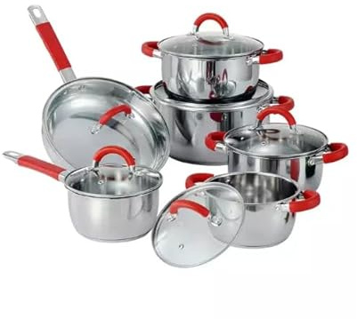 Batería de Cocina 12 Piezas, Acero Inoxidable, Apta para Inducción, Gas y Vitrocerámica, con Tapas de Vidrio, Mangos Rojos Antideslizantes