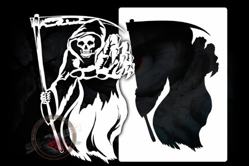 Herterich Products Airbrush Schablone Sensenmann Grim Reaper | Totenkopf Skull Stencil | Wiederverwendbar & Lösungsmittelresistent | Mylar 0,1-0,2 cm | Für Sprays, Acryl & Airbrush