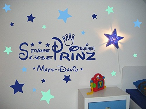 timalo® Wandtattoo mit Namen fürs Kinderzimmer ~ Text: Süße Träume kleiner Prinz + Krone, Sterne Tricolore blau - und Babyname für Jungen, Buben ~ 68025-58x28 cm Wandaufkleber Wandtatoos Sticker