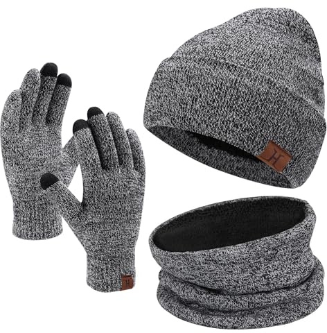 Bequemer Laden Herren Damen Winter Beanie Mütze Loop Schal Handschuhe Set | Herren Damen Winter Wintermütze Strickmütze Schlauchschal Halswärmer Touchscreen Winterhandschuhe Set Weihnachtsgeschenke