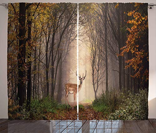 ABAKUHAUS Tierwelt Rustikaler Vorhang, Deer Mystischer Wald, Wohnzimmer Universalband Gardinen mit Schlaufen und Haken, 280 x 260 cm, Braun Grün