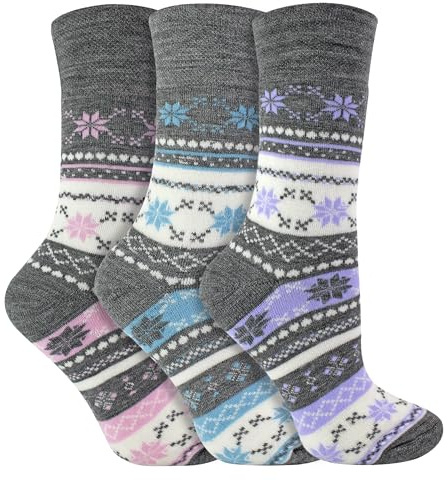 Sock Snob - 3er Pack Damen Ohne Gummi Winter Socken für Diabetiker - Diabetikersocken Thermosocken mit Norweger Muster (37-42 EU, Grau)