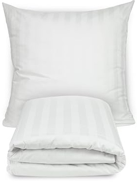 ZOLLNER Ropa de Cama de satén, compuesta por Funda de Almohada y Funda nórdica - 80 x 80 cm + 140 x 200 cm - Elegante diseño a Rayas (20 mm) - algodón - Lavable hasta 95 °C - Calidad hotelera