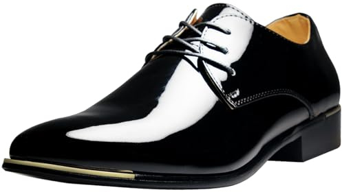 zpllsbratos Herren Lederschuhe Lackschuhe Derby Schnürhalbschuhe Oxford Hochzeit Schuhe 38-48(Schwarz,44)