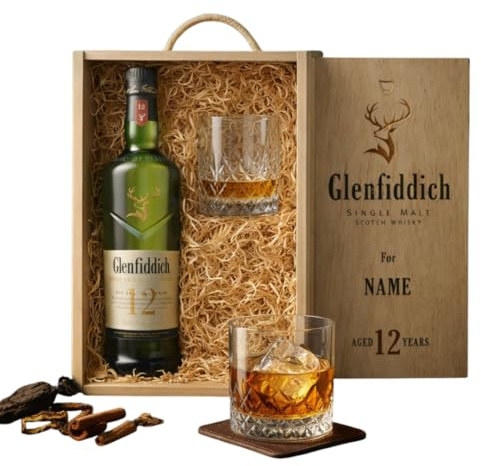 Glenfiddich Personalised 12 Year Old Single Malt Scotch Whisky Gift Set with Glass | Premium Whisky Gift in Wooden Presentation Box | Custom Gift for Him or Her – 40% ABV, 70cl