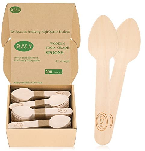 HLSN Disposable Wooden Spoons, 200 Pack 4.3'' Wooden Cutlery Spoon100% Natural Birch Biodegradable Compostable Birchwood Sampling Tasting Spoons