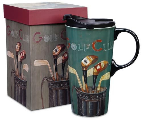 DUSVALLY Ceramic Travel Mug with Lid, 500ml/17oz Coffee Mug with Handle, Vintage Golf Club Design Tea Cup, Microwave & Dishwasher Safe, Matching Gift Box | Vintage Golf Club Design Tea Cup, Microwave & Dishwasher Safe, Matching Gift Box