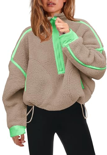 Panadila damtröja med halvlång dragkedja, sherpafleece, mjuk, överdimensionerad, sweatshirt med fickor, varm, fluffig tröja, Ljus kaki, L