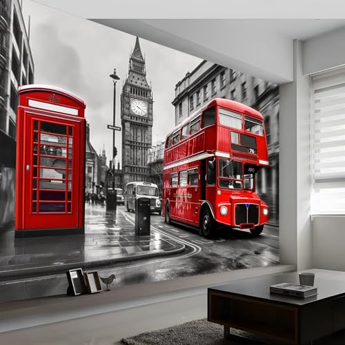 Mural de Pared 3D Paisaje Urbano Moderno Londres Papel Tapiz Fotográfico Impreso, Gris-Rojo Mural de Pared No Tejido Decoración de Póster Diseño 200 x 140 cm (WxH) Para Estar Dormitorio Infantil
