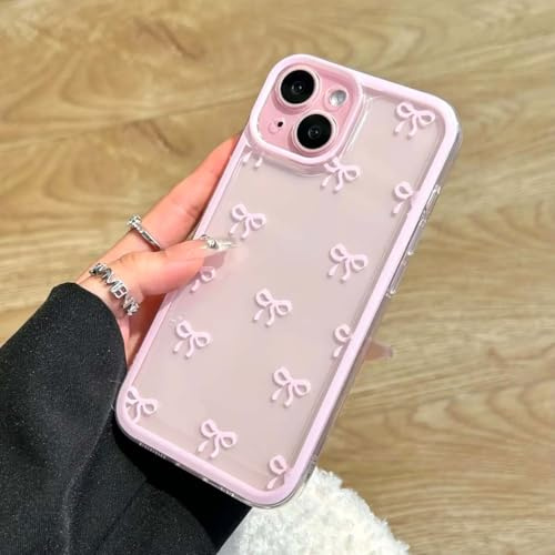 EYZUTAK Case for iPhone 14, Clear Cute Ribbon Bowknot Pattern Aesthetic Transparent Phone Case Raised Camera Protection Stylish Slim Soft Durable TPU Protective Cover for Women Girls - Pink