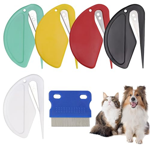 VEGCOO 5 Pièces Coupe Noeud Chat Poil Long avec Peignes pour Animaux de Compagnie, Peignes pour Chats et Chiens Multifonctionnels，Tondeuse à Poils d'Animaux pour Enlever Nœuds et Poils Morts