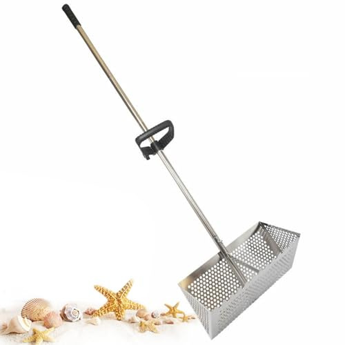 Jorzer Râteau anti-puces de plage en acier inoxydable avec longue poignée amovible, râteau à sable pour la plage avec trou hexagonal de 40 cm de large panier