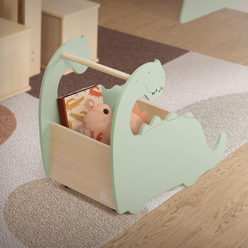 Joyz Spielzeugkiste aus Holz, Dino, 57x31,5x49 cm, Grün-Natur, Kinderregal mit 4 Rollen, Kinderzimmer Regal rollbar, Kinder Bücherregal, Lauflernwagen mit Stauraum, Aufbewahrungsbox Kinderwagen Kiste