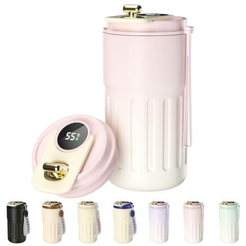 Homealexa Gobelet Café Affichage Numérique - Bouteille Isotherme 410 ml en Acier inoxydable 316 avec Couvercle Isolation sous Vide anti-Fuite (Rose)