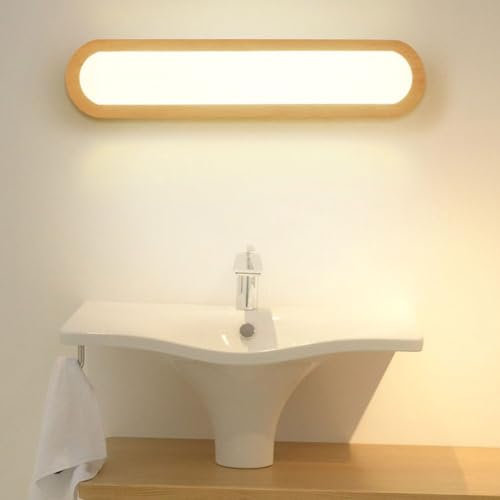 LOGT 12W LED Holz Spiegelleuchte Innen Modern Wandleuchte Dimmbar 3000k/4500k/6000k Up und Down Beleuchtung Wandlampe IP44 Wasserdicht Spiegellampe 3 Helligkeitsstufen Wandmontage Leselampe Acryl