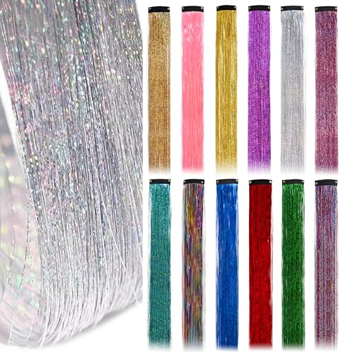 Dalababa Hair Extensions Set, Glitter Shiny Straight Coloured Clip In Highlights Accessories for Women Girls Kids Cosplay Halloween Party Crazy Hair Day - 12 Colours