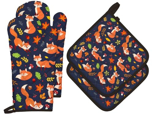 Arquiel Herbst Fuchs Ofenhandschuh und Topflappen 4er-Set Baumwolle | Baumwoll-Küchenset mit Herbst Fuchs-Motiv, hitzebeständig und praktisch zum Kochen, Backen und Grillen.
