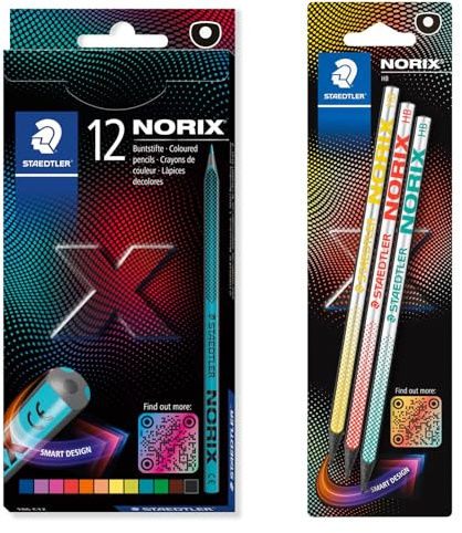 STAEDTLER NORIX 186 Buntstift und 181 Bleistift Set, Made from Upcycled Wood, einzigartige Form, 12 Buntstifte und 3 Bleistifte in sortierten Farben