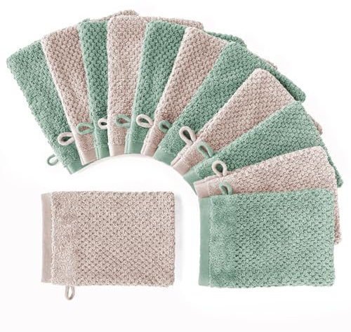 Pure Label 12-TLG. Waschhandschuh Waschlappen Set mit Anhängeschlaufe aus 100% Baumwolle, saugstark, weich und Oeko-TEX Zertifiziert - 12 Waschlappen aus Baumwolle 16x21cm, Stein | Grün