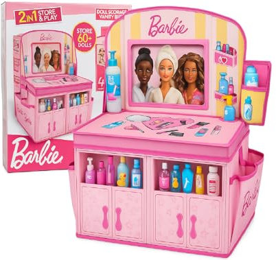 Barbie Doll Storage Vanity Chest - 2-in-1 Foldable Storage Box & Vanity Playset - Stores 60+ Dolls & Accessories - Toy Organizer with Compartments & Pockets - Barbie Toys for Girls Ages 4+