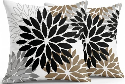 JANGYUHH Kissenbezug 40x40 cm Modern Dahlien Dekokissen Zweiseitiges Muster Schwarz Braun Blumen Sofakissen Outdoor Kissen Leinen Kissenbezüge Dekorative für Sofa Garten Wohnzimmer Bett 2er Set