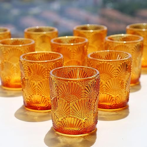 12 Stück Amber Teelichthalter Glas, Ginkgo-Biloba Teelichter Gläser Vintage | Vohocandle Bernsteinfarbenen Teelichtgläser Herbst für Raumdekoration, Thanksgiving, Partydekoration (5,5 W × 6,5 H cm)