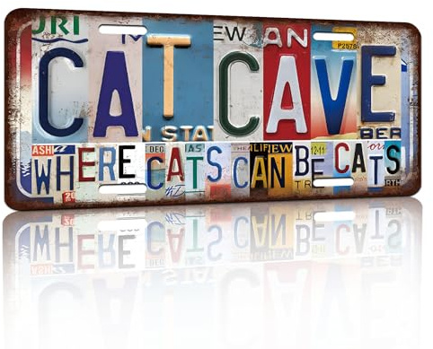 Vintage License Plate Wall Decor Cat Cave Where Cats Can Be Cats Metal Tin Sign for Home Office Garage Bar Restaurant Living Room Garden Yard 12 x 6 Inches (2599)