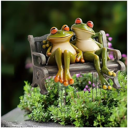 Whimsical Frog Couple Bench Garden Ornament, Romantic Frogs Couple Statues Frog Decor Garden Statue Decor Outside Outdoor Frog Statue For Garden Lawn Courtyard (A)