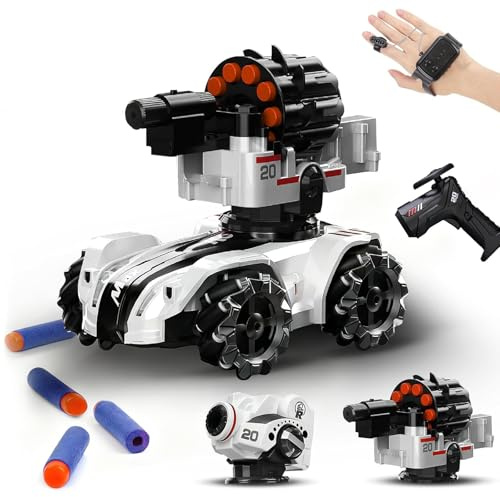 Gkstly Voiture Télécommandée, 2.4GHz Gesture RC Car 360° Rotation Drifting 4WD Battle Stunt Car 2 tourelles remplaçables Musique Télécommande Tank Blow Bubble Shoot Mousse Fléchettes Jouet Cadeaux