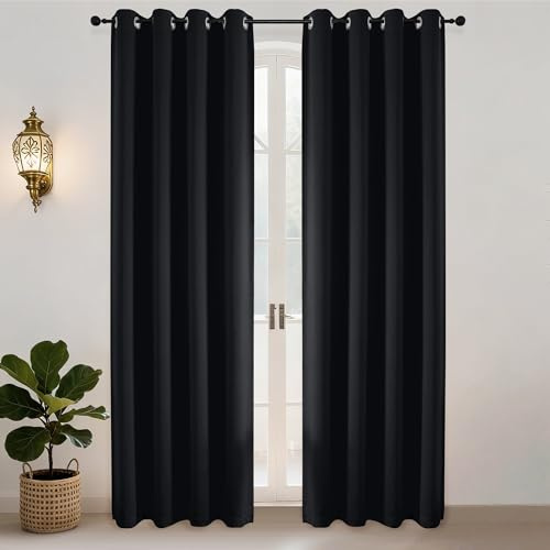 Simplebrand Gardinen Schwarz Blickdicht Thermovorhang Kälteschutz 2er Set H220 x B140 cm, Vorhänge Abdunkelnd Vorhang 220 cm Lang Verdunkelungsvorhang mit Ösen für Wohnzimmer/Schlafzimmer