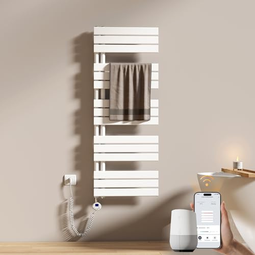 EMKE WiFi Badheizkörper Elektrisch 1320x500 mm - Flach Handtuchheizkörper Elektrisch, Elektrischer Handtuchwärmer Handtuchtrockner Handtuch Heizkörper Bad mit Thermostat und Heizstab - 800W, Weiß
