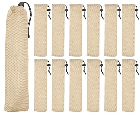 sourcing map 12 Pcs Pouch Bag Straw Carrying Cases, Portable Cutlery Sleeve Chopstick Case Utensil Bag for Home Travel Outdoor Storage Fork Spoon Chopsticks, L & Beige