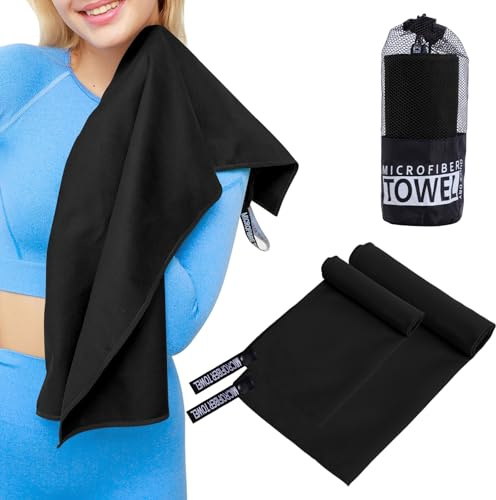InfiniZer 2 Pack Microfiber Travel Sports Towel,Camping Towel Quick Dry Super Absorbent Ultra Compact Ultra Soft Lightweight,Suitable for Gym,Yoga,Trip,Beach, Shower, Backpacking,Pool (Black)